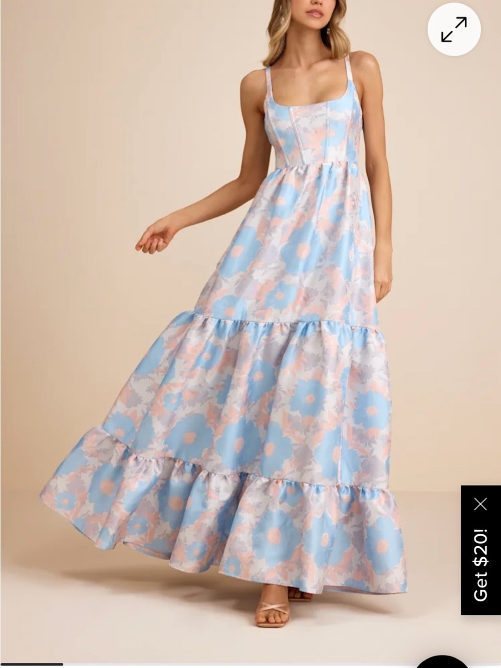 Lulu's Pastel Blue and Peach Floral Tiered Spaghetti-Strap Maxi Dress
